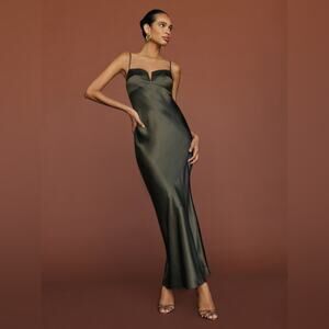 REFORMATION Brie Dark Green Silk Dress in Pine Tree Size 12